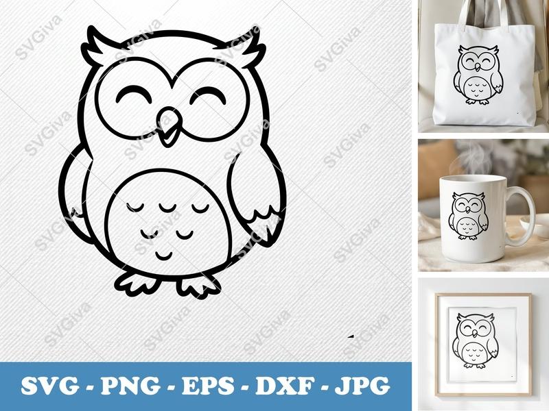 Owl Smiling Happily SVG PNG DXF EPS | Cute Cartoon Owl Cut File for Cricut Silhouette