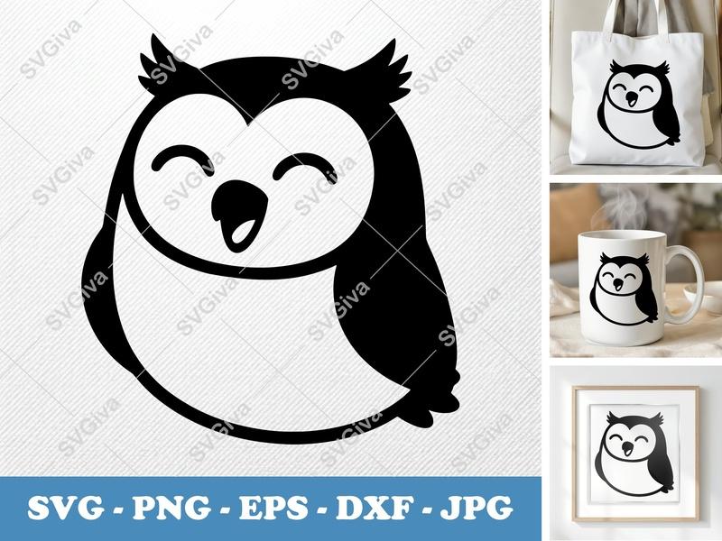 Owl Smiling Happily SVG | Rounded Bean-Shaped Cut File | PNG, DXF, EPS for Cricut & Silhouette