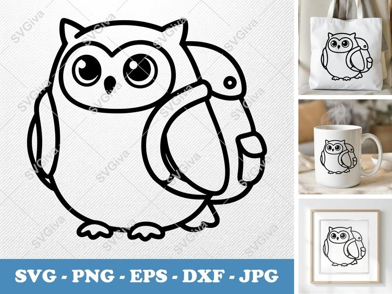 Owl SVG Backpack, Cute Modern Clean Design, School Owl, Digital Download PNG EPS DXF for Cricut & Silhouette