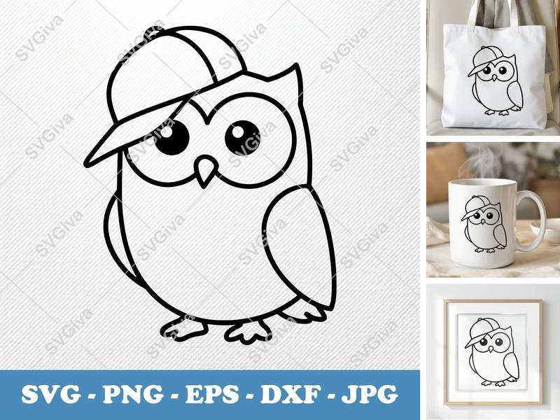 Owl SVG, Cartoon Owl with Hat, Modern Clean Design, PNG EPS DXF for Cricut & Silhouette, Digital Download