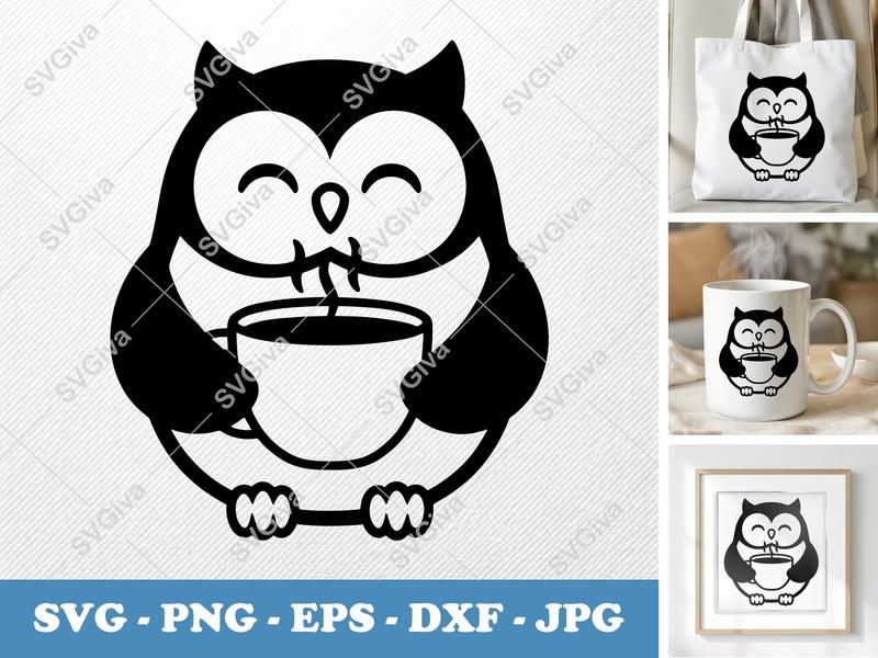 Owl SVG Coffee Mug Cut File, Modern Cartoon Owl with Hot Drink, PNG EPS DXF for Cricut & Silhouette