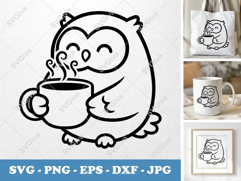 Owl SVG Coffee Mug, Cute Owl Cut File, Modern Animal Clipart, PNG, EPS, DXF for Cricut, Silhouette, Digital Download
