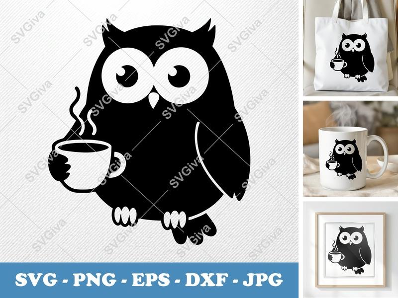 Owl SVG Coffee Mug Design | Modern Clean Cut File for Cricut, Silhouette | PNG EPS DXF Vector Clipart