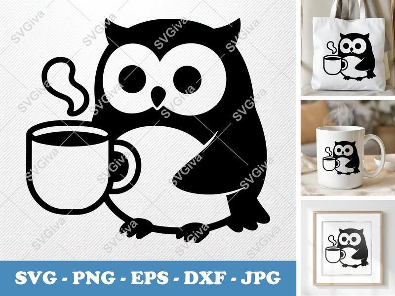 Owl SVG, Coffee Mug Owl Cut File, Modern Clean Design, PNG EPS DXF for Cricut & Silhouette, Cute Animal Vector Clipart