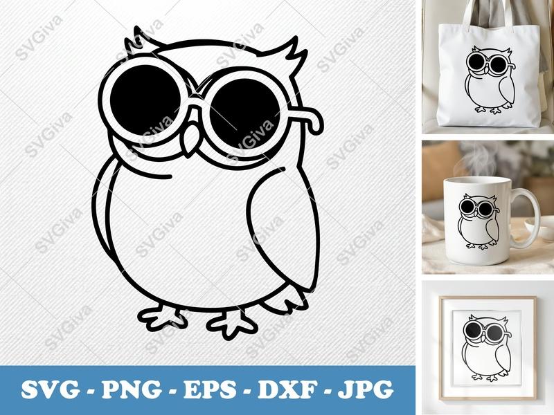 Owl SVG | Cool Owl with Glasses Cut File | Modern Design | PNG EPS DXF for Cricut & Silhouette