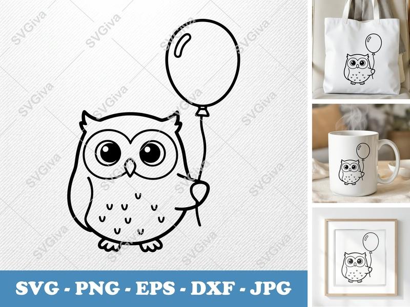 Owl SVG Cute Balloon Design | Cartoon Owl Cut File for Cricut, Silhouette | PNG EPS DXF Vector Clipart Kids