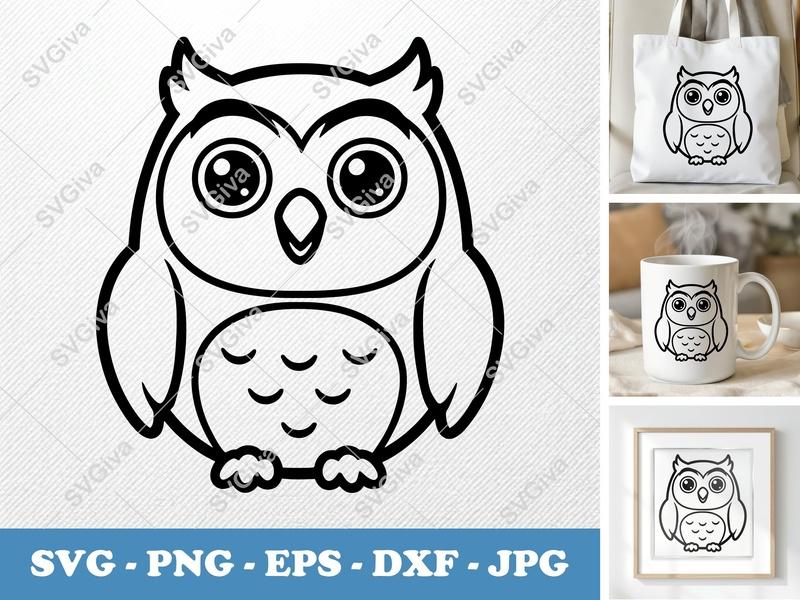 Owl SVG | Cute Cartoon Outline, Modern Clean Design, Vector Clipart | PNG EPS DXF for Cricut, Silhouette