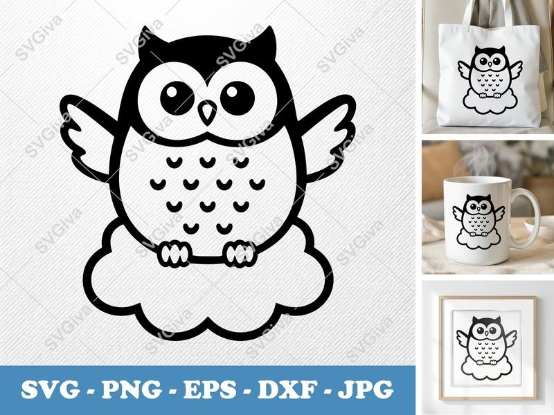Owl SVG | Cute Cartoon Owl on Cloud Cut File | Modern Animal | PNG EPS DXF for Cricut & Silhouette