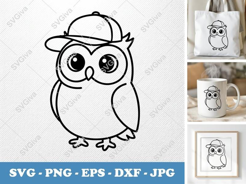 Owl SVG, Cute Cartoon Owl with Baseball Cap, Modern Clean Line Art, PNG EPS DXF for Cricut & Silhouette