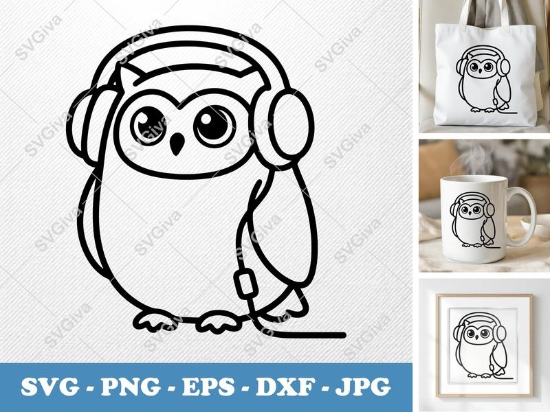 Owl SVG, Cute Cartoon Owl with Headphones Cut File, Modern Music Owl PNG EPS DXF for Cricut & Silhouette