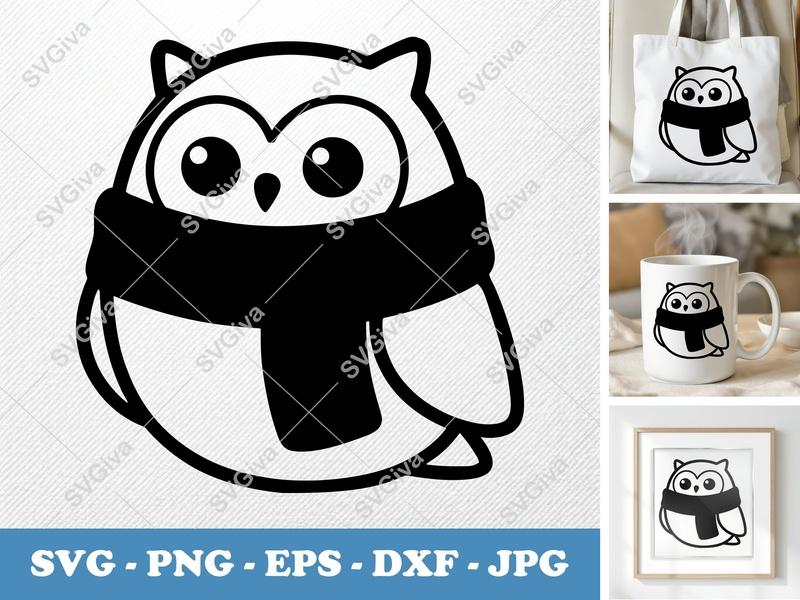Owl SVG | Cute Cartoon Owl with Scarf PNG EPS DXF | Winter Animal Clipart for Cricut Silhouette