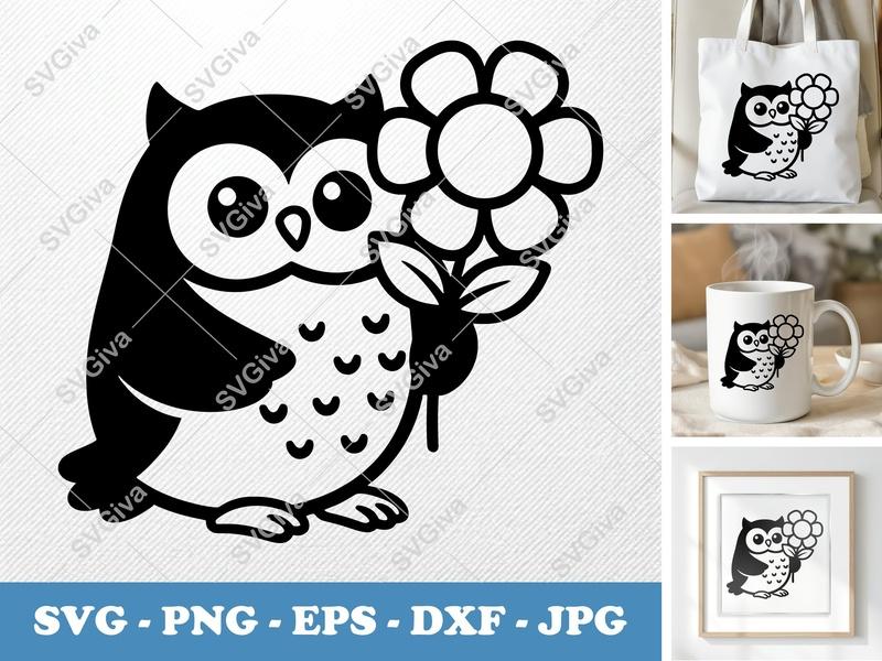 Owl SVG, Cute Flower Owl PNG EPS DXF, Cartoon Bird Vector, Cricut Silhouette Cut File, Kids Design, Animal Clipart Digital Download
