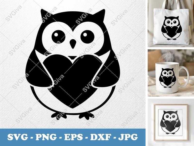 Owl SVG, Cute Heart Owl, Love Bird Clipart, Modern Animal Cut File for Cricut & Silhouette | PNG EPS DXF