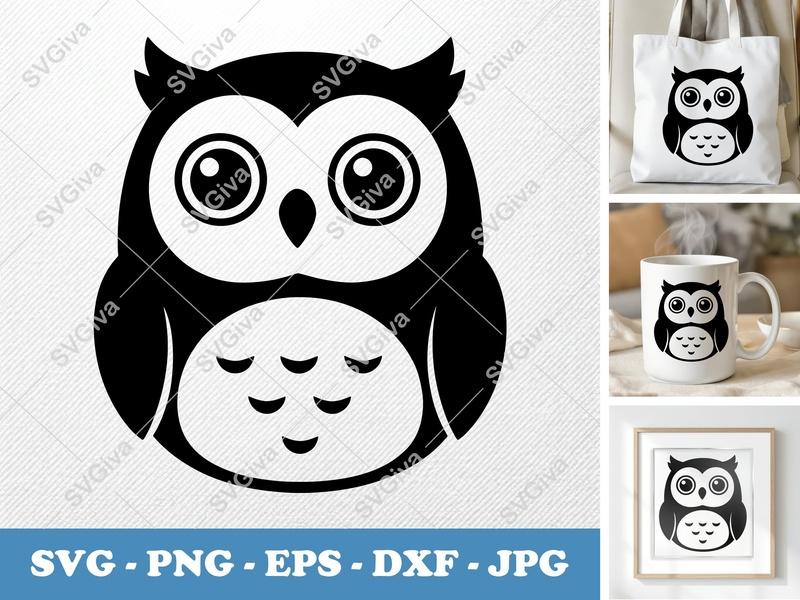 Owl SVG, Cute Modern Clean Design, Simple Black & White, PNG EPS DXF | Cricut Silhouette Cut File