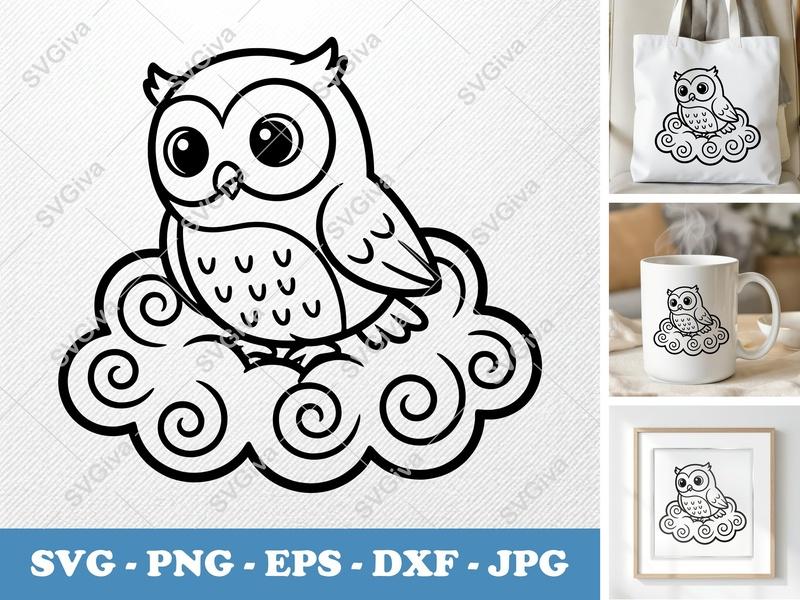 Owl SVG, Cute Owl on Cloud, Cartoon Owl, Modern Clean Line Art | PNG EPS DXF | Cricut Silhouette File