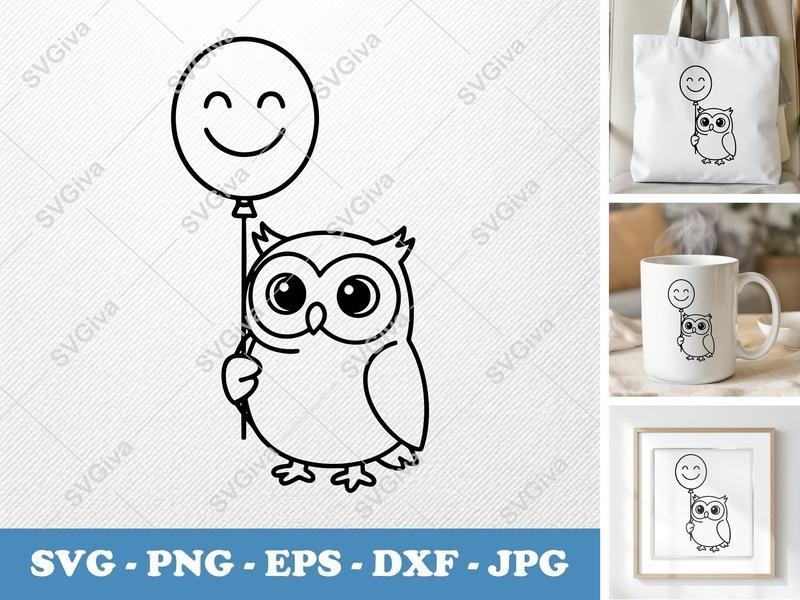 Owl SVG, Cute Owl with Balloon, Modern Clean Design | PNG EPS DXF | Cricut Silhouette Cut File