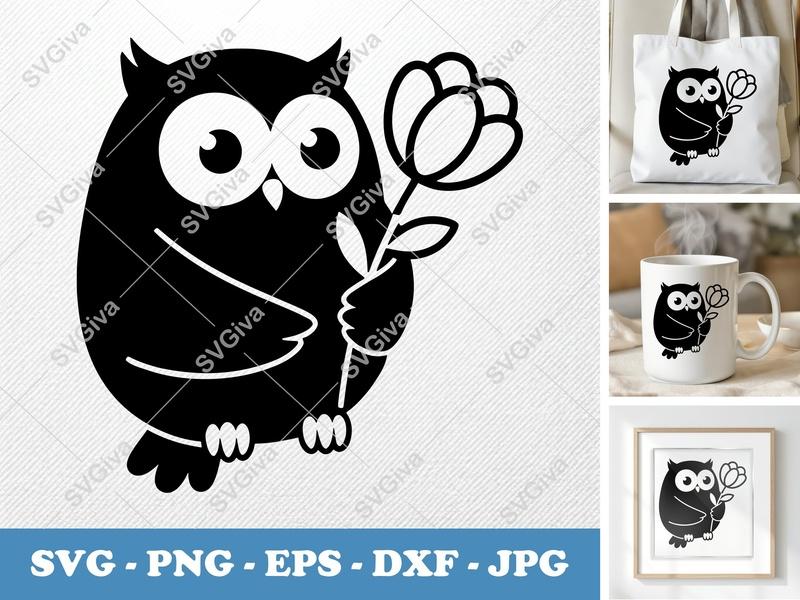 Owl SVG, Cute Owl with Flower Cut File, Modern Animal Clip Art, PNG EPS DXF for Cricut, Silhouette, Vector Design