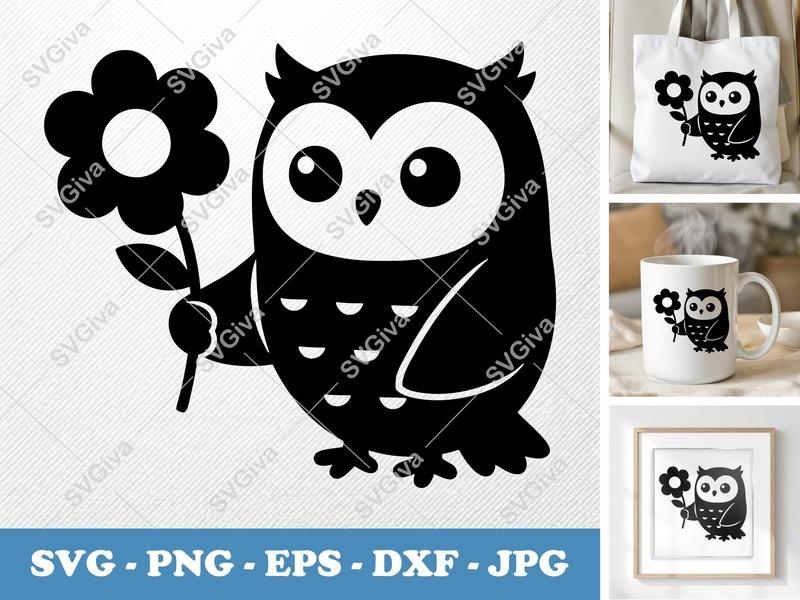 Owl SVG | Cute Owl with Flower Cut File | Modern Animal Clipart | Cricut Silhouette | PNG EPS DXF Vector