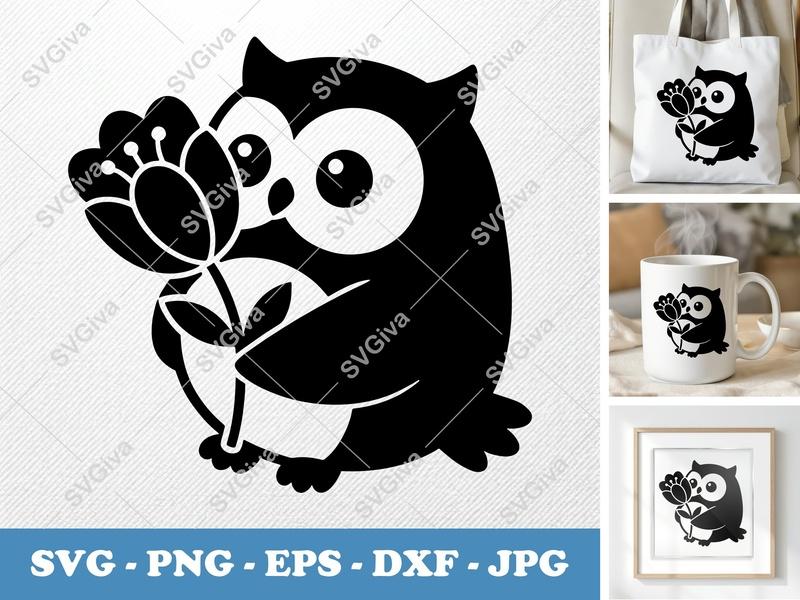 Owl SVG | Cute Owl with Flower Cut File | Modern Animal Clipart | PNG EPS DXF for Cricut & Silhouette
