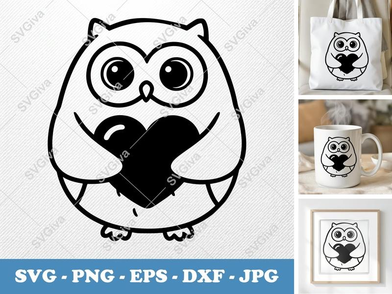 Owl SVG, Cute Owl with Heart, Black White Line Art, Modern Animal Design | PNG EPS DXF for Cricut, Silhouette