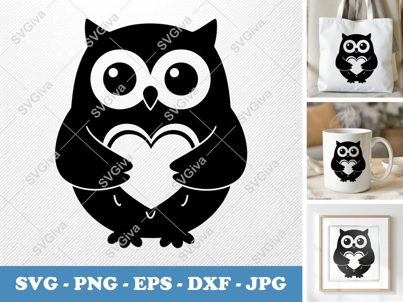 Owl SVG, Cute Owl with Heart, Love Owl Clipart, Modern Design | PNG EPS DXF for Cricut & Silhouette