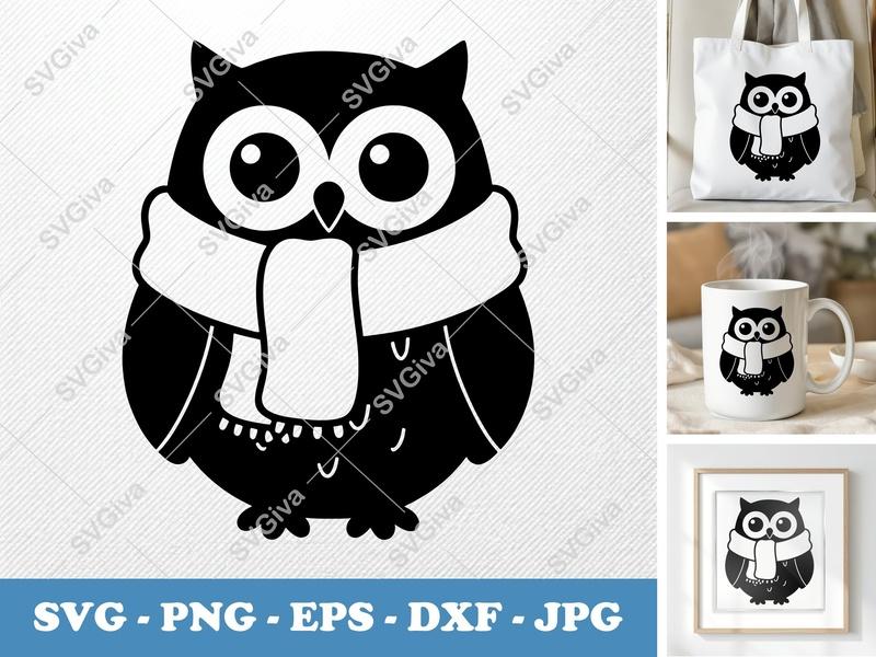 Owl SVG, Cute Owl with Scarf, Winter Animal Clipart, Modern Design, PNG EPS DXF for Cricut & Silhouette