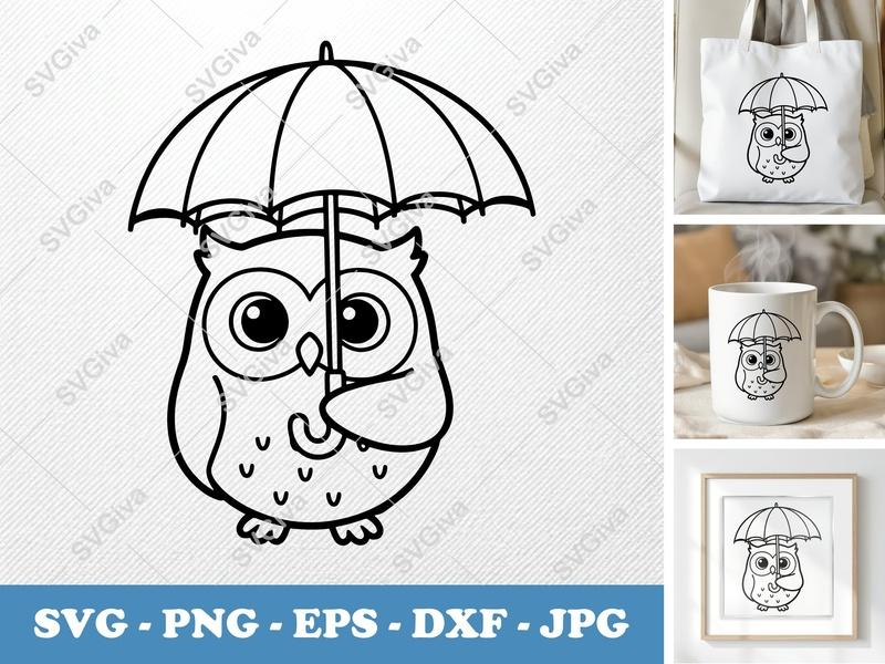 Owl SVG, Cute Owl with Umbrella Cut File, Modern Cartoon Owl, PNG EPS DXF | Cricut & Silhouette Design