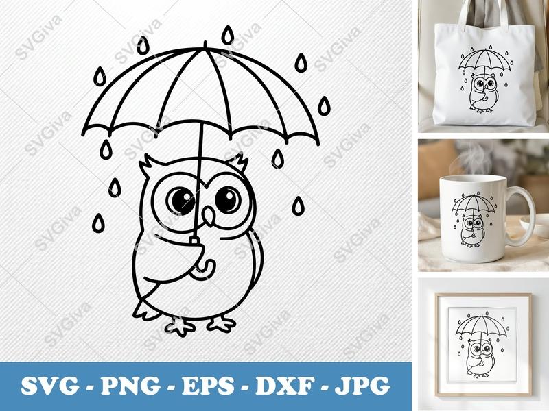 Owl SVG | Cute Umbrella Rain Owl | Modern Clean Design | PNG EPS DXF for Cricut Silhouette | Cartoon Animal Cut File