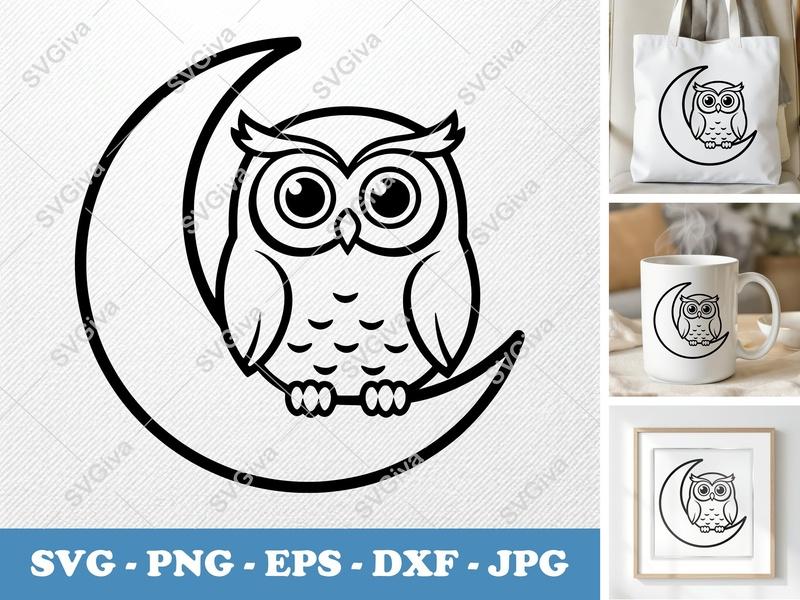 Owl SVG | Friendly Rounded Body Bean-Shaped Owl on Moon | PNG DXF EPS | Cricut Silhouette File