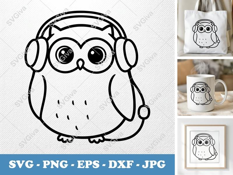 Owl SVG | Headphone Design, Cute Animal Cut File, Modern Line Art | PNG EPS DXF for Cricut, Silhouette