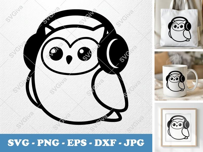 Owl SVG, Headphone Owl Cut File, Modern Cartoon Bird, Music Lover SVG | PNG EPS DXF for Cricut & Silhouette, Digital Download Clipart