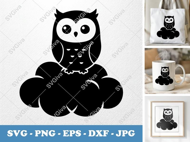 Owl SVG | Modern Clean Cloud Design | PNG EPS DXF | Cricut Silhouette Cut File | Simple Bird Clipart Vector