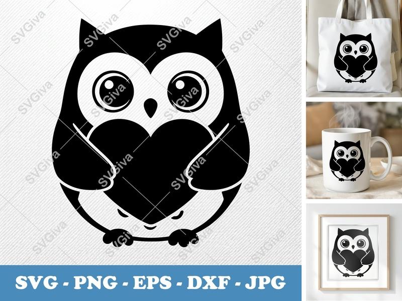 Owl SVG | Modern Clean Heart Owl | Cute Animal Cut File for Cricut & Silhouette | PNG EPS DXF Vector Clipart