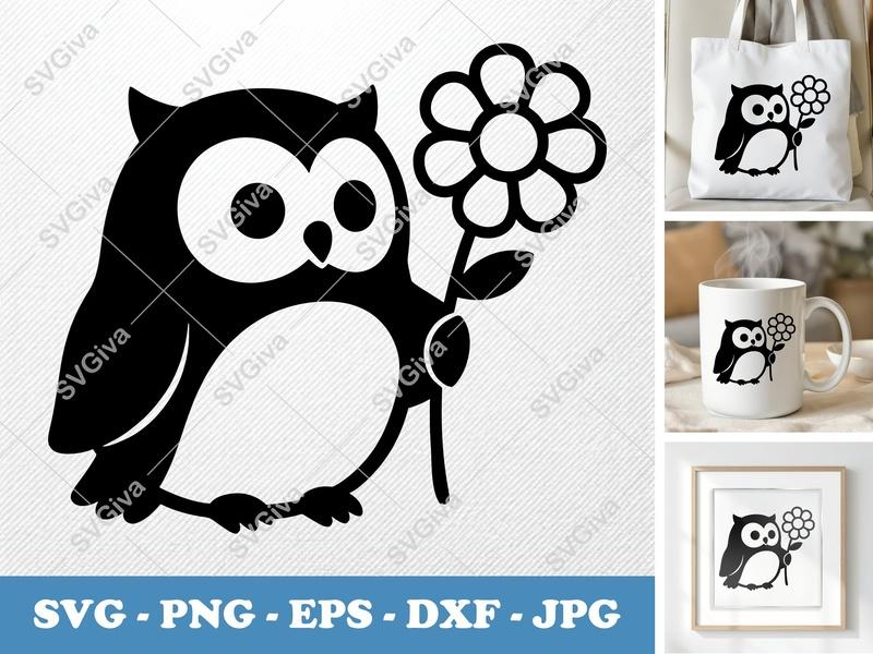 Owl SVG | Modern Clean Owl with Flower Cut File | PNG EPS DXF | Cricut Silhouette Design | Nature Art, Cute Animal