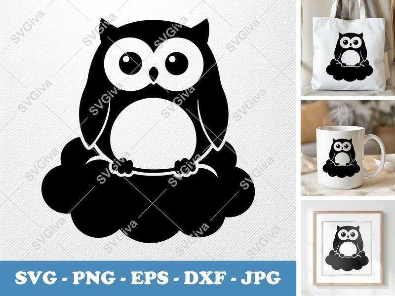 Owl SVG, Modern Minimalist Owl on Cloud, Cute Bird Design | PNG EPS DXF for Cricut & Silhouette Cut File