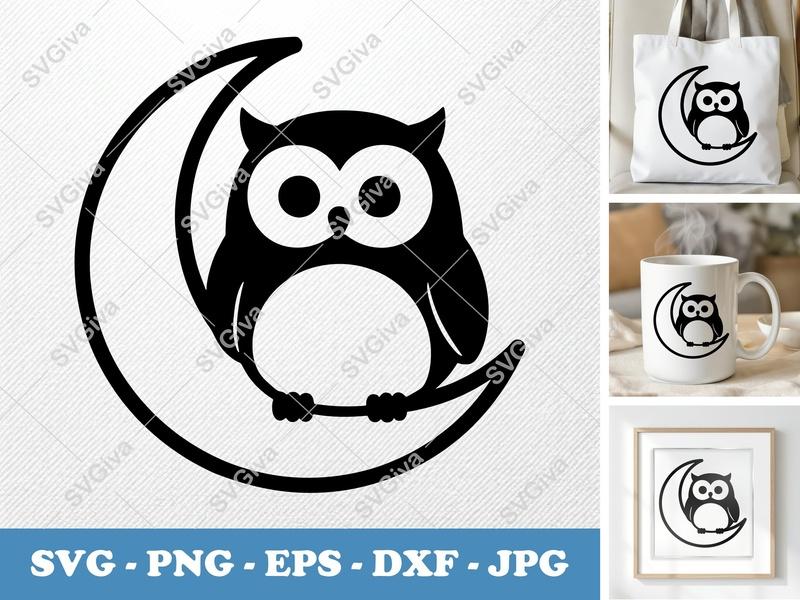 Owl SVG on Moon, Cute Bird Cut File, Modern Design, PNG EPS DXF for Cricut & Silhouette, Digital Download, Nursery Decor