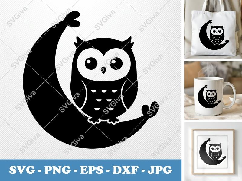 Owl SVG on Moon, Cute Bird Cut File, Modern Design | PNG EPS DXF for Cricut & Silhouette, Digital Download, Nursery Decor