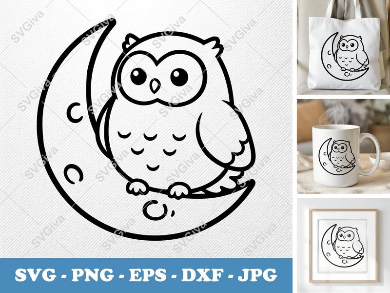 Owl SVG on Moon, Cute Cartoon Night Sky, Baby Nursery Animal PNG EPS DXF | Cricut & Silhouette Cut File