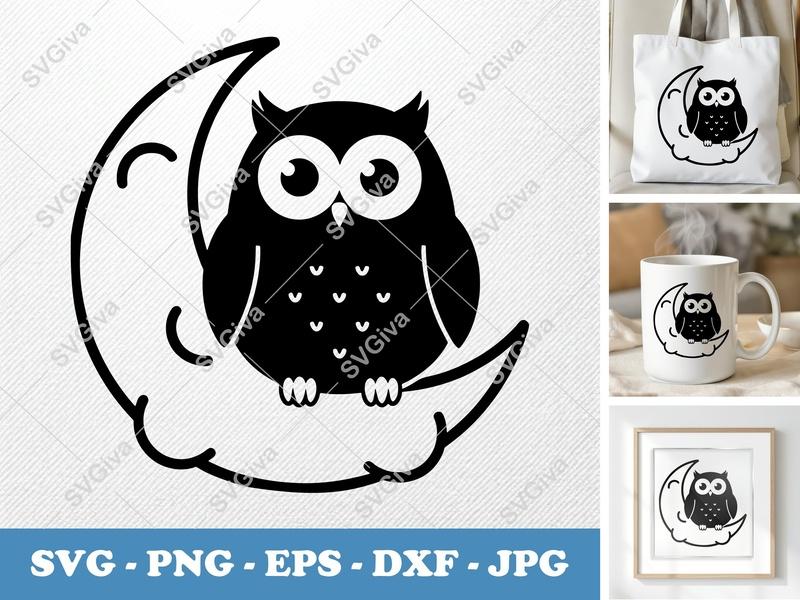 Owl SVG on Moon, Modern Clean Design Cut File | PNG EPS DXF | Cricut Silhouette Ready for Crafts