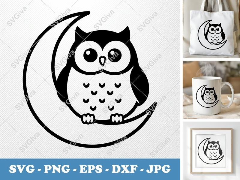 Owl SVG on Moon, Modern Clean Design Cut File | PNG EPS DXF for Cricut & Silhouette, Nursery Decor, Night Sky Animal