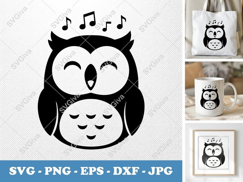 Owl SVG Singing, Happy Owl Cut File | Modern Owl Clipart | Music Notes PNG EPS DXF | Cricut Silhouette Design