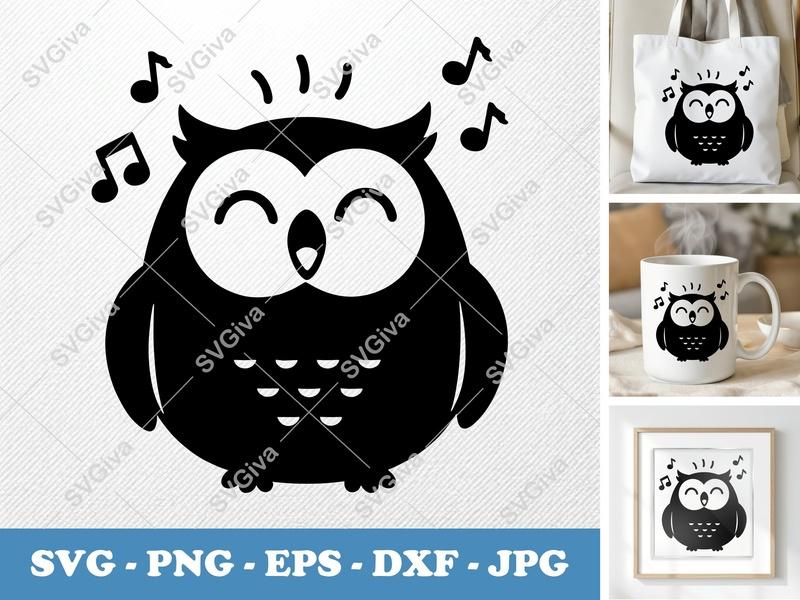 Owl SVG, Singing Owl Cut File, Happy Owl Clipart, Music Notes, PNG EPS DXF for Cricut & Silhouette, Cute Animal Vector