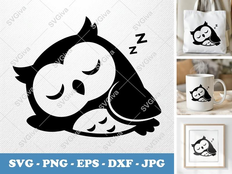 Owl SVG Sleeping | Modern Clean Design, Zzz Symbol | PNG EPS DXF | Cricut Silhouette Cut File