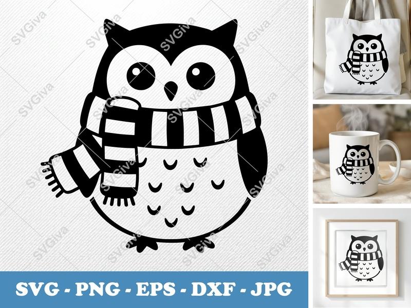 Owl wearing a Scarf SVG | Puffy Soft Shapes Cut File | Inflated Pillow Art | PNG DXF EPS | Cricut Silhouette Design