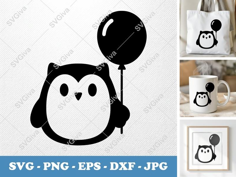 Owl with Balloon SVG | Puffy Cartoon Owl Cut File | Inflated Pillow Soft Design | PNG DXF EPS | Cricut Silhouette