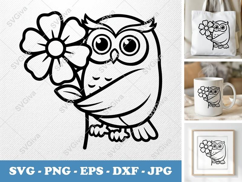 Owl with Flower SVG, Friendly Rounded Bean-Shaped Design, PNG DXF EPS for Cricut & Silhouette
