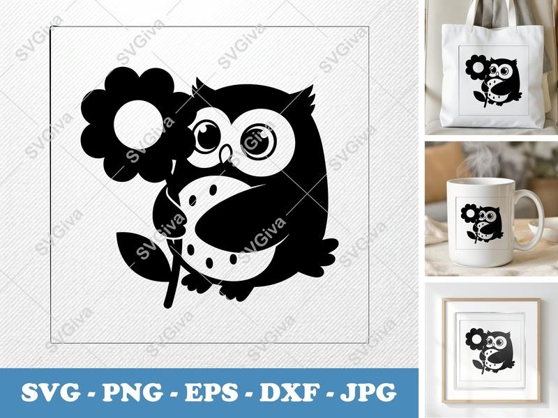 Owl with Flower SVG | Puffy Inflated Shapes | PNG DXF EPS | Cricut Silhouette Cut File