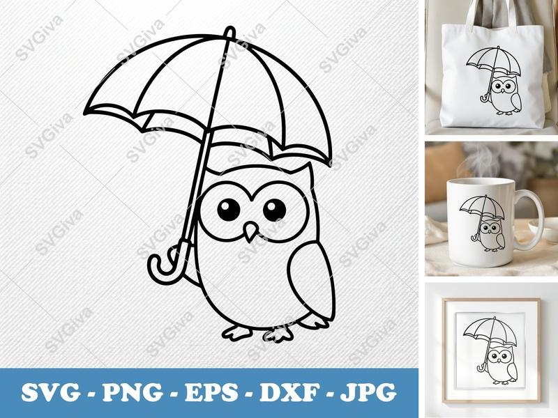 Owl with Umbrella SVG, PNG, EPS, DXF | Cute Cartoon Line Art | Cricut & Silhouette Cut File | Modern Clean Design