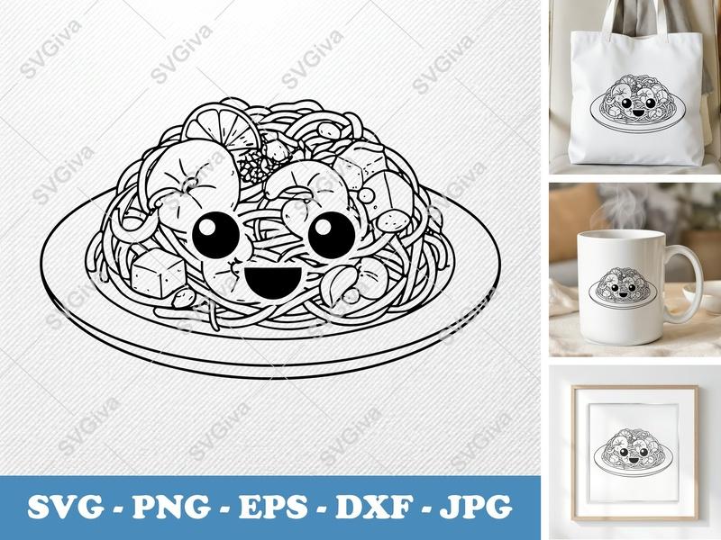 Pad Thai Kawaii SVG, Cute Food Noodle Dish PNG EPS DXF | Cricut & Silhouette Cut File, Modern Kitchen Clipart