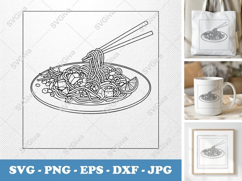 Pad Thai on a plate SVG | Minimalist Line Art | PNG DXF EPS | Cricut Silhouette Kitchen Food